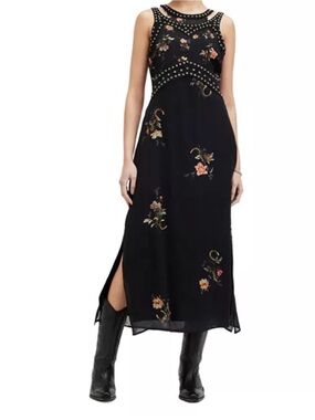 Allsaints Jessie Tanana Dress - Floral Studded Midi with Suede Detail - Like New
